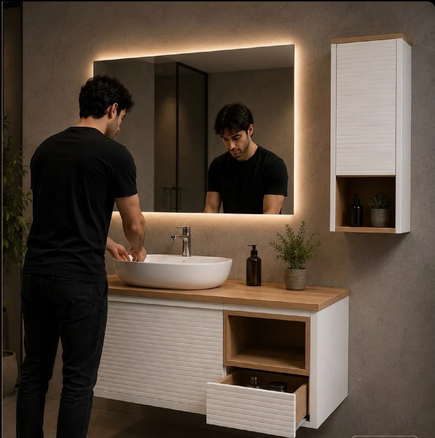LM03 — کابینت روشویی با طراحی مینیمال، پایه فلزی مشکی مات و بدنه MDF ضدآب. ترکیب سادگی فرم با استحکام بالا، این مدل را گزینه‌ای ماندگار برای سرویس‌های حمام امروزی کرده است.