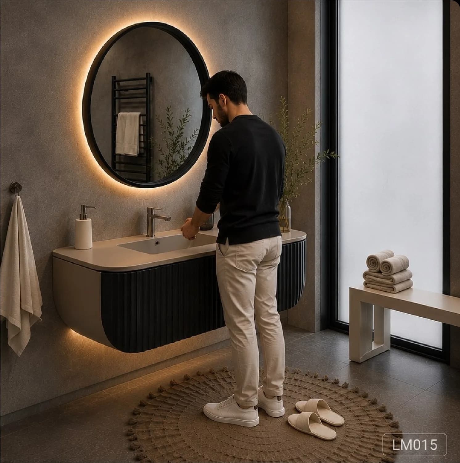 LM15 — کابینت روشویی طرح چوب با آینه هم‌ست و باکس روشنایی مخفی. بافت طبیعی چوب در کنار نورپردازی ملایم، حس گرم و لوکسی به سرویس حمام می‌دهد.